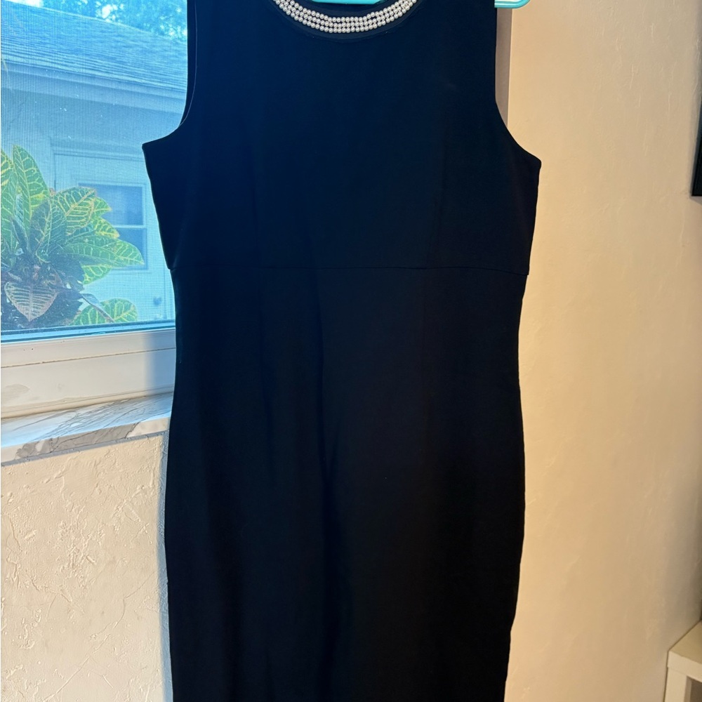 LOFT Elegant Black Midi Dress with Pearl Detail